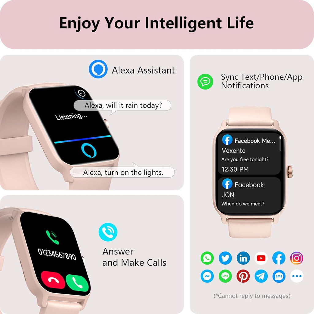 Smart Watch for Women, Answer/Make Calls, Alexa Built-In, [1.8"HD Screen] Smart Watches for Women Iphone/Samsung/Android, Fitness Watch with Heart Rate Sleep Spo2 Monitor,Ip68 Waterproof, 100+ Sports
