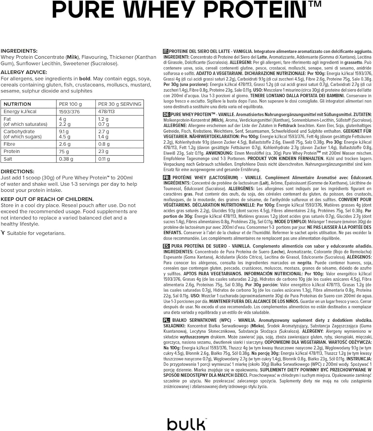 Pure Whey Protein Powder,Vanilla,23G Protein and 5G Bcaas per Scoop,Whey Concentrate Shake,Low Sugar,Supports Muscle Growth and Repair,Smooth Mixing,Vegetarian,500G