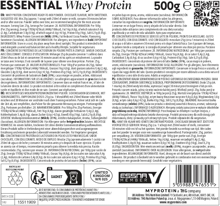 Essential Whey Protein Powder | Chocolate Smooth 500 G | 18 G Protein per Serving | Low Sugar, Less than 110 Calories | Supports Muscle Growth and Recovery