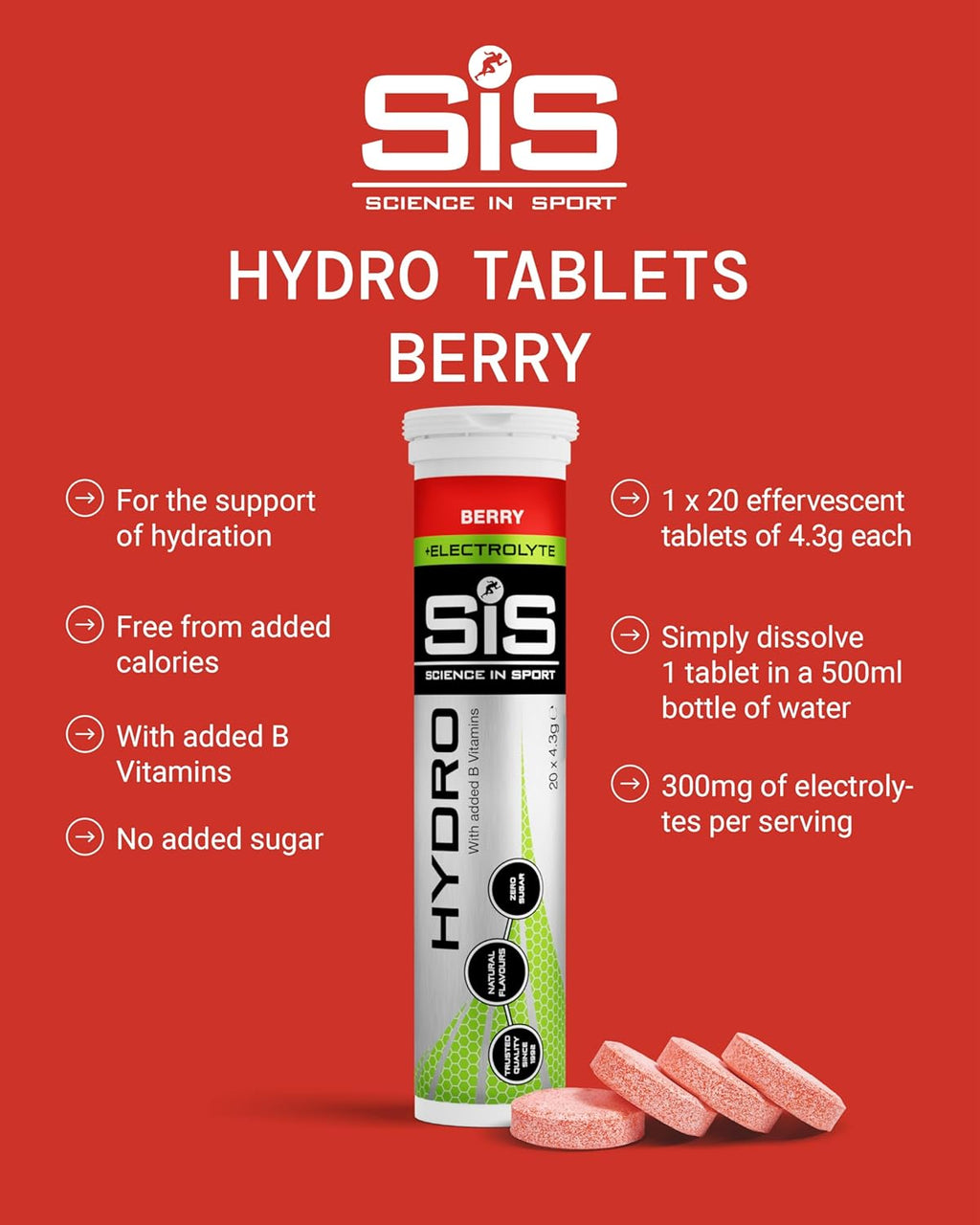 Hydro Electrolyte Tablets 20 Pcs. Berry – Vegan & Gluten-Free, Ideal to Promote Hydration and Maintain Electrolytes Balance (Packaging May Vary)