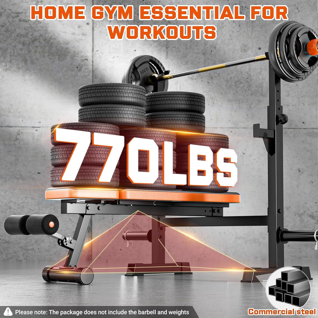 Heavy-Duty Weight Bench, 770Lbs Stable Bench Press for Home Gym, Adjustable Flat & Incline Workout Bench for Full Body Training with Squat Rack