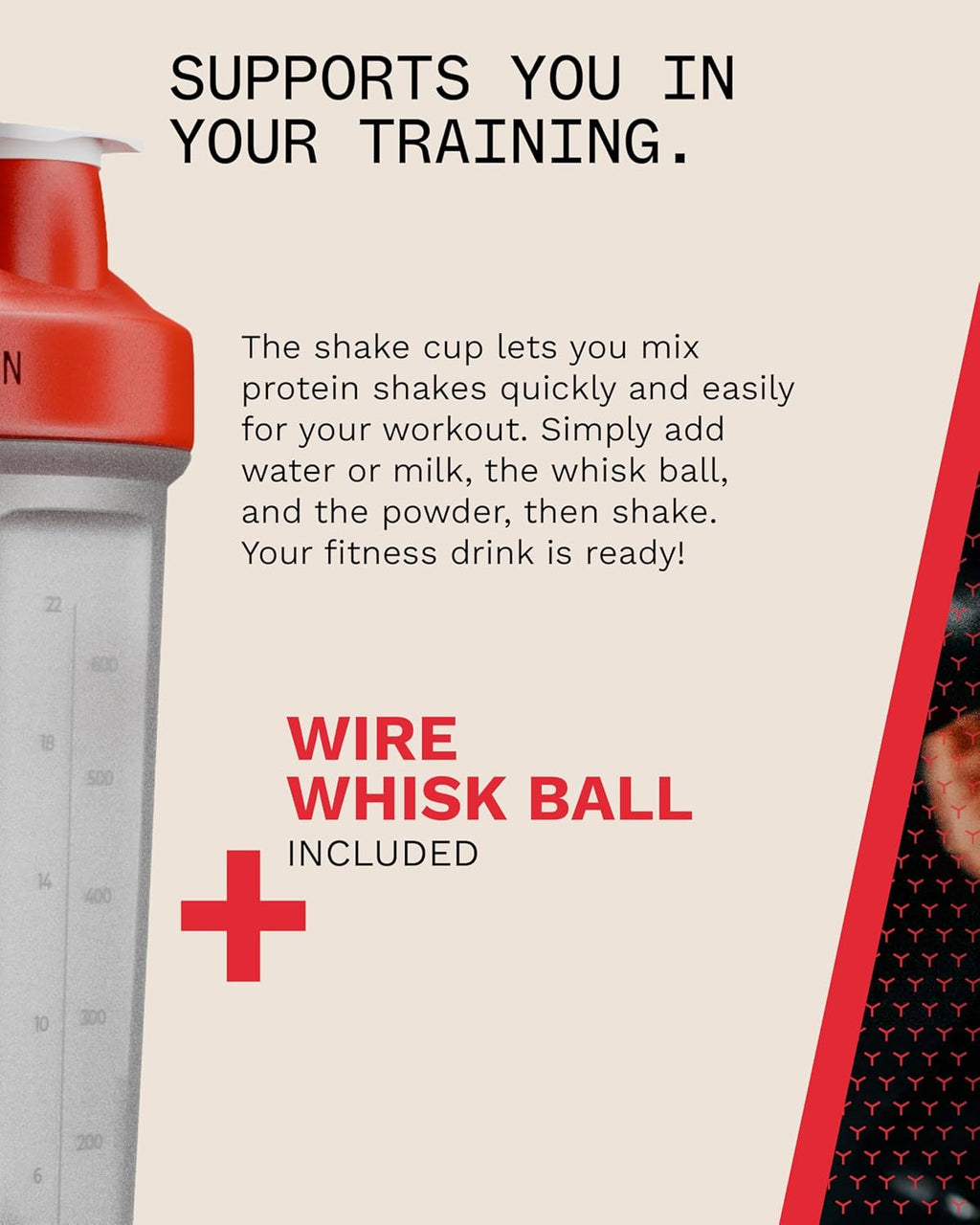 Nutrition Mixball Shaker, Shaker for Protein Shakes, Wire Mixball Whisk, Red Non-Drip Screw Lid, Transparent Colour, 600 Ml