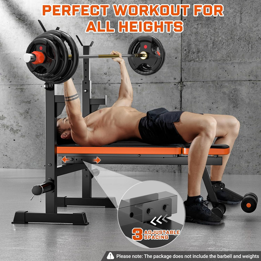 Heavy-Duty Weight Bench, 770Lbs Stable Bench Press for Home Gym, Adjustable Flat & Incline Workout Bench for Full Body Training with Squat Rack