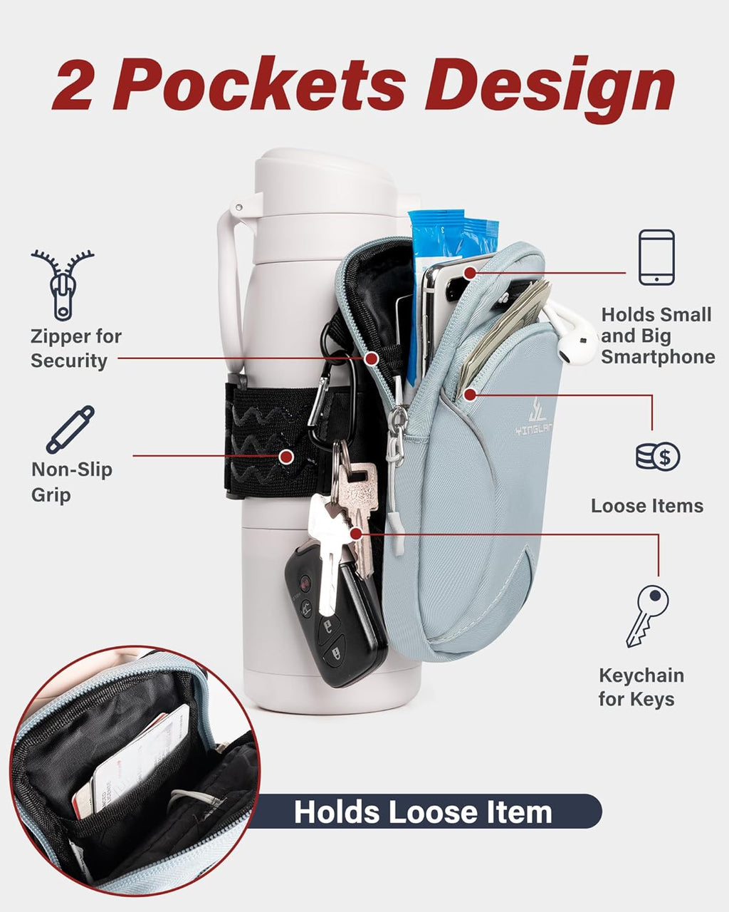 Gym Water Caddy with Phone Holder, Water Bottle Sleeve Bag with Pocket for Cards, Keys, Wallet, Gym Bottle Accessories for Men Women