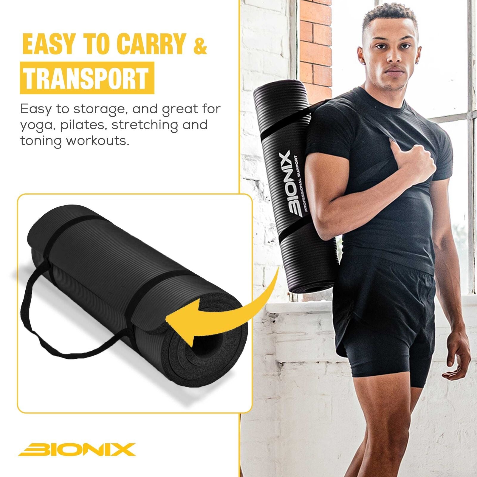 Yoga Mat Thick 10Mm Non Slip Gym Exercise Fitness Pilates Carry Strap NBR 183X62