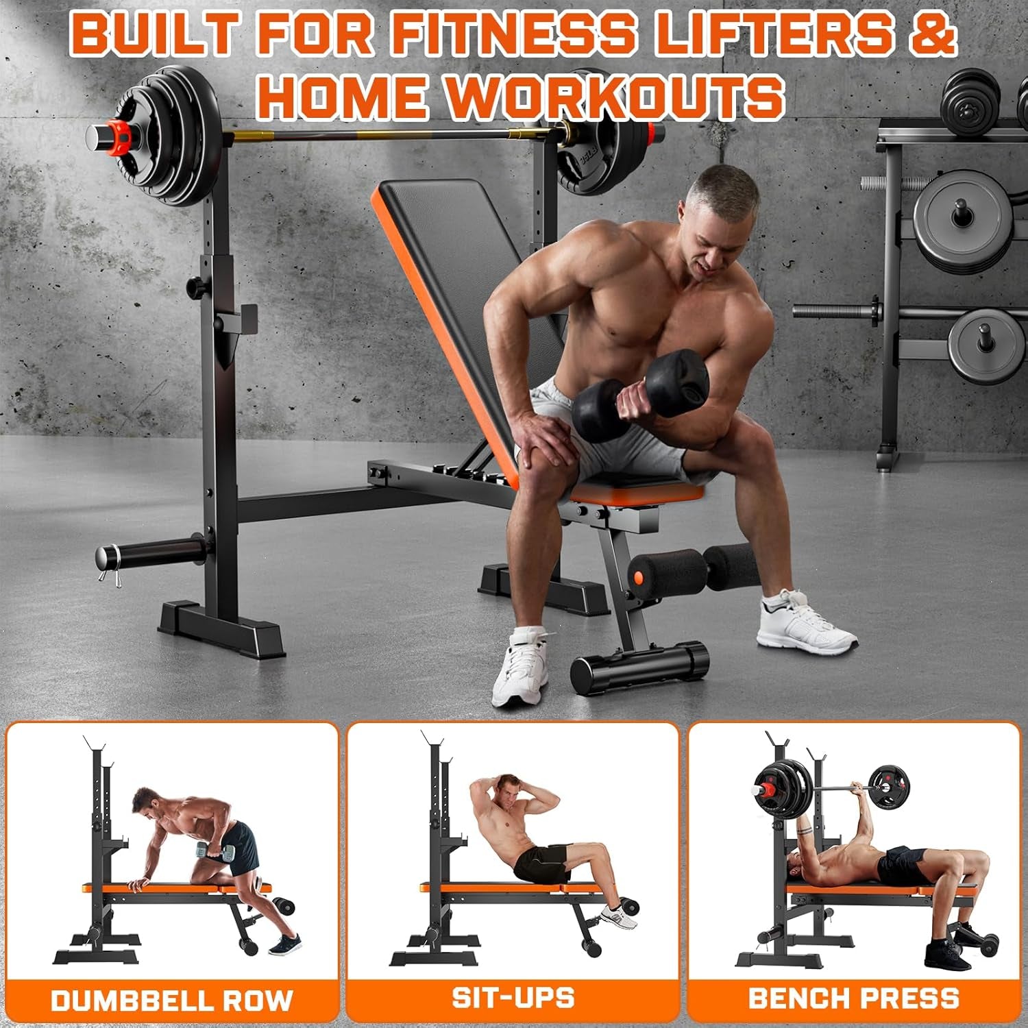 Heavy-Duty Weight Bench, 770Lbs Stable Bench Press for Home Gym, Adjustable Flat & Incline Workout Bench for Full Body Training with Squat Rack