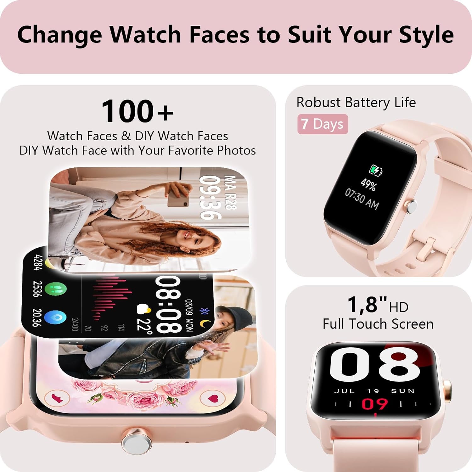 Smart Watch for Women, Answer/Make Calls, Alexa Built-In, [1.8"HD Screen] Smart Watches for Women Iphone/Samsung/Android, Fitness Watch with Heart Rate Sleep Spo2 Monitor,Ip68 Waterproof, 100+ Sports