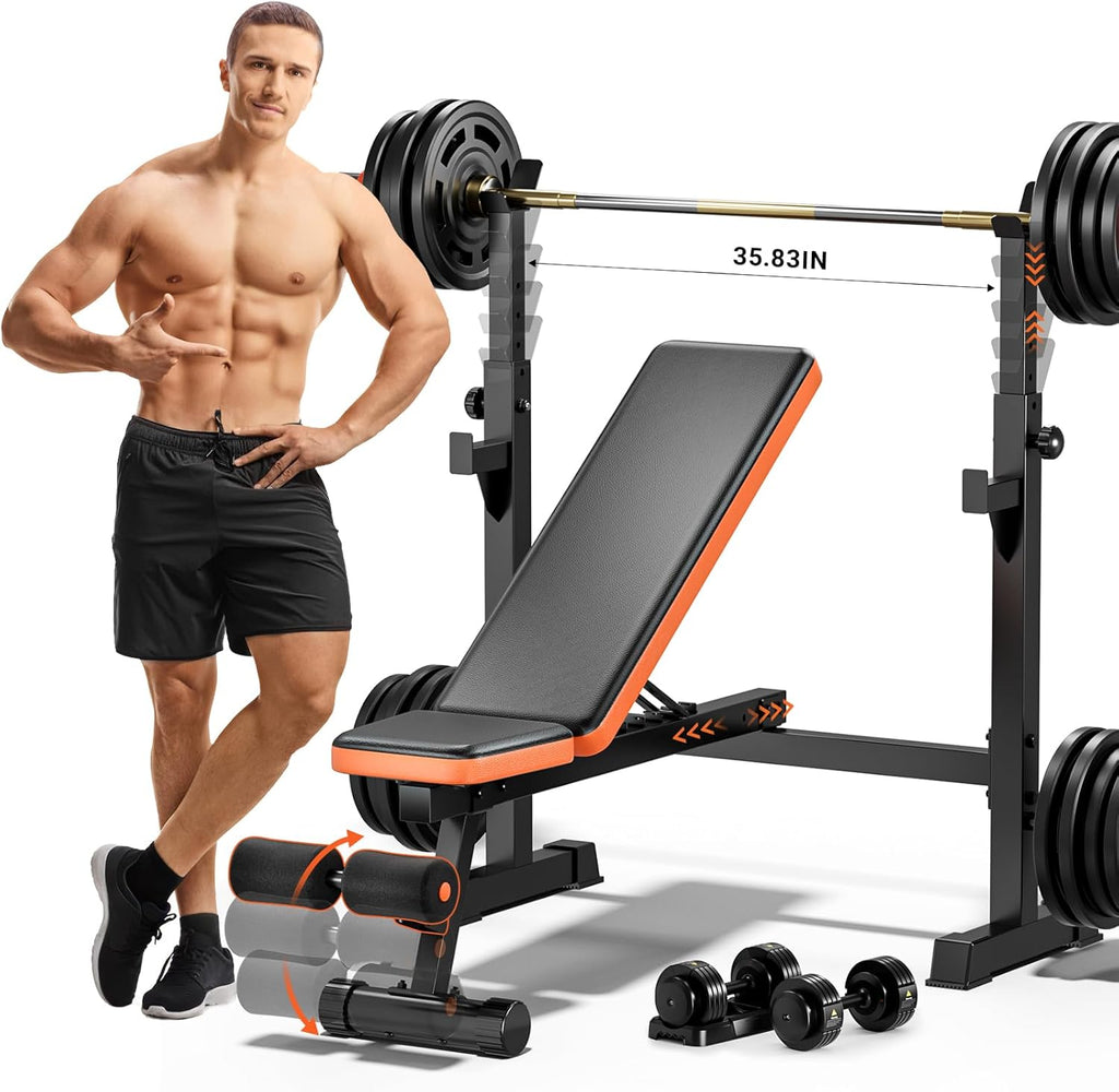 Heavy-Duty Weight Bench, 770Lbs Stable Bench Press for Home Gym, Adjustable Flat & Incline Workout Bench for Full Body Training with Squat Rack