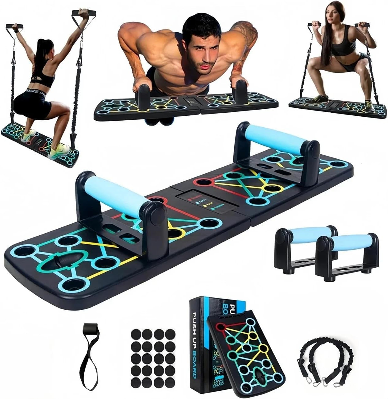 Push up Board with Resistance Bands – 20 in 1 Foldable Press up Board, Portable Home Workout Equipment for Men & Women, Fitness Gym Equipment, Pushup Bars, Strength Training, Gym Gift