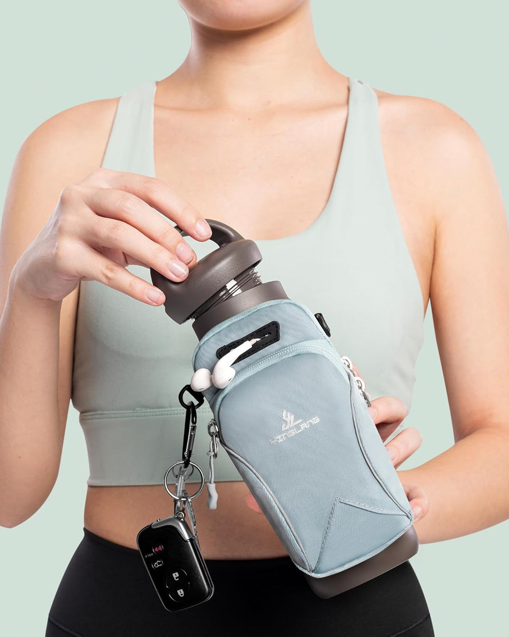 Gym Water Caddy with Phone Holder, Water Bottle Sleeve Bag with Pocket for Cards, Keys, Wallet, Gym Bottle Accessories for Men Women