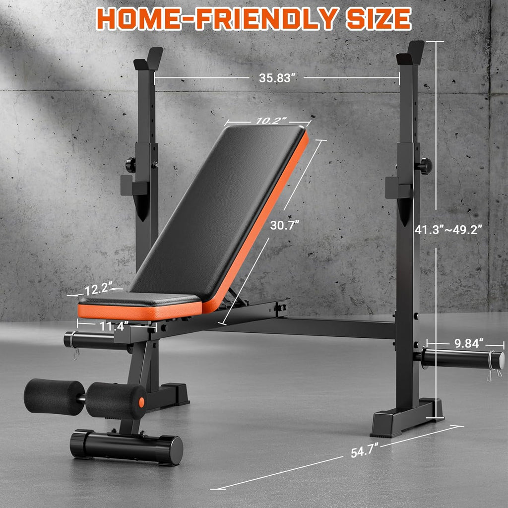 Heavy-Duty Weight Bench, 770Lbs Stable Bench Press for Home Gym, Adjustable Flat & Incline Workout Bench for Full Body Training with Squat Rack