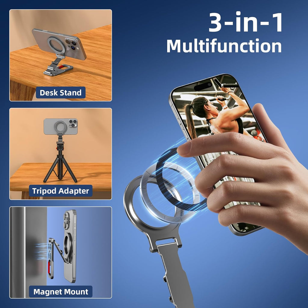 Magnetic Phone Mount for Magsafe, Maglock Tripod Adapter Magnet Golf Gym Workout Stand Metal Carabiner Holder with 1/4 Screw Hole, for Iphone 16 15 14 13 12 Series Foldable Portable Accessories