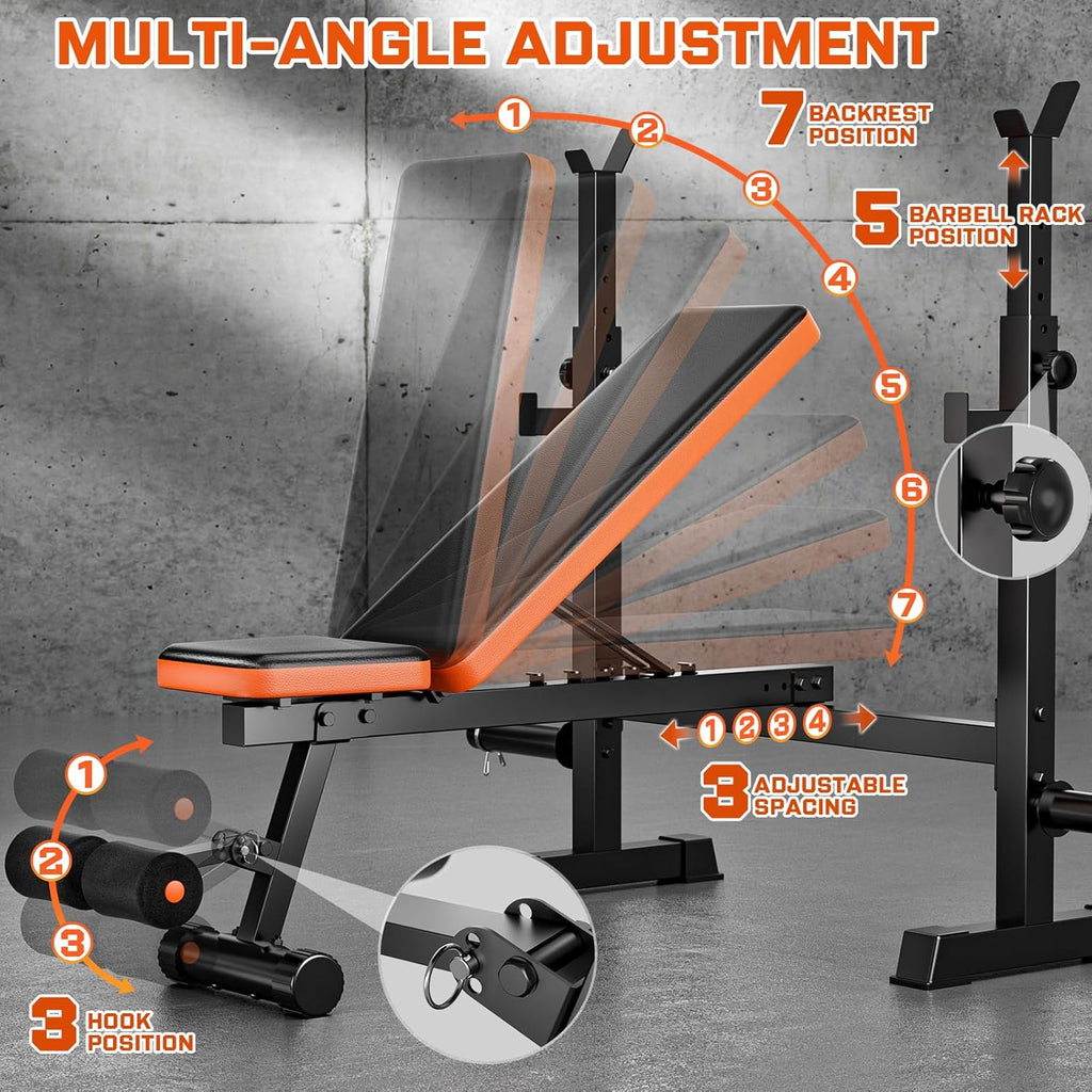 Heavy-Duty Weight Bench, 770Lbs Stable Bench Press for Home Gym, Adjustable Flat & Incline Workout Bench for Full Body Training with Squat Rack
