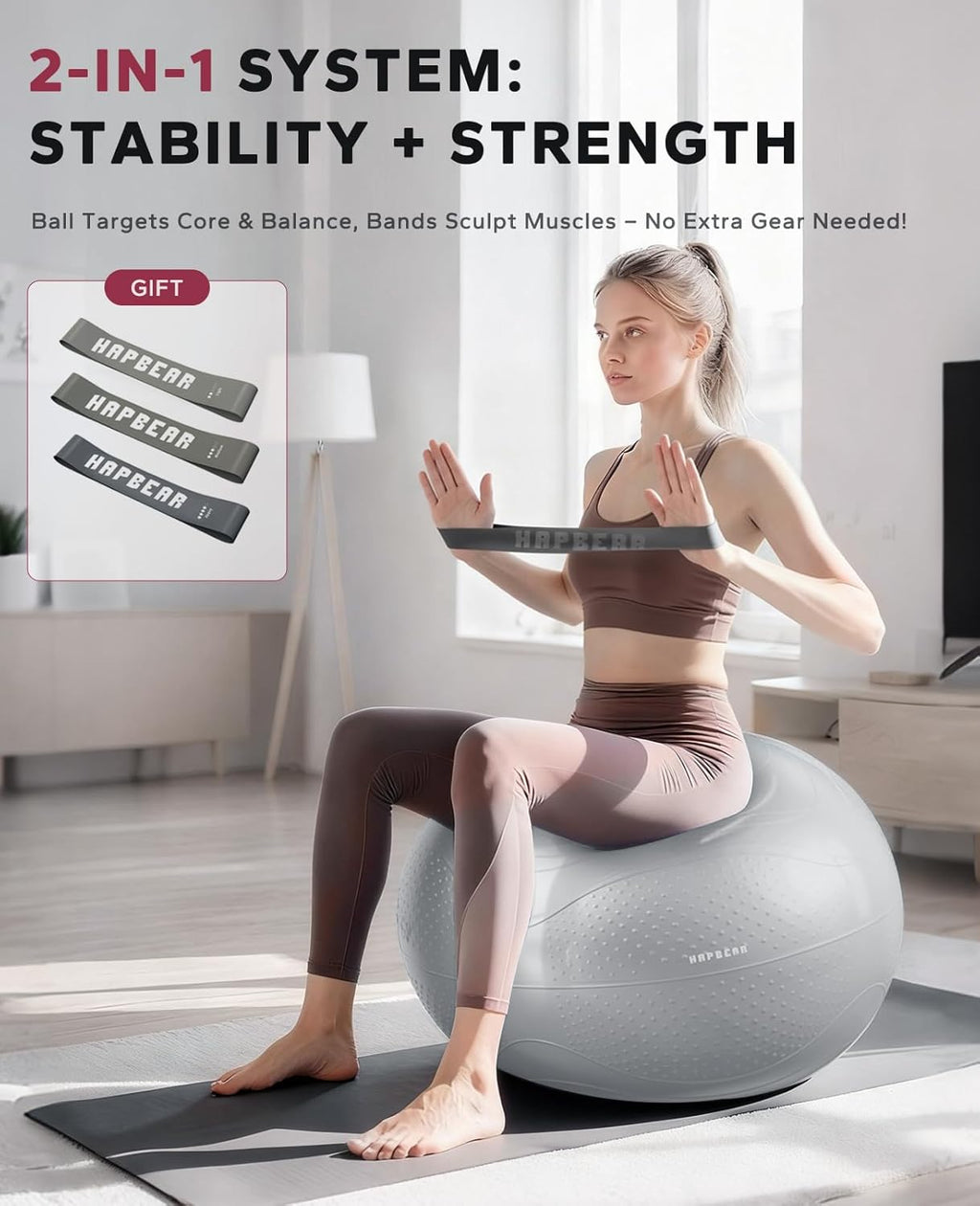 Exercise Ball 55-65Cm - Anti-Burst Slip-Resistant Yoga/Pilates Ball for Core Training & Posture Improvement, Home Gym/Rehab/Pregnancy Ball, Quick Pump & 3 Resistance Bands Included