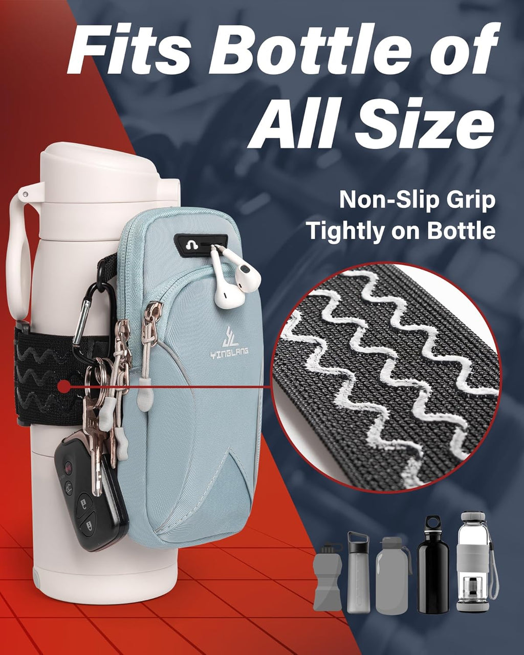 Gym Water Caddy with Phone Holder, Water Bottle Sleeve Bag with Pocket for Cards, Keys, Wallet, Gym Bottle Accessories for Men Women